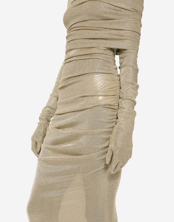 Dolce & Gabbana Draped Metallic Mesh-jersey Midi Dress In Nude