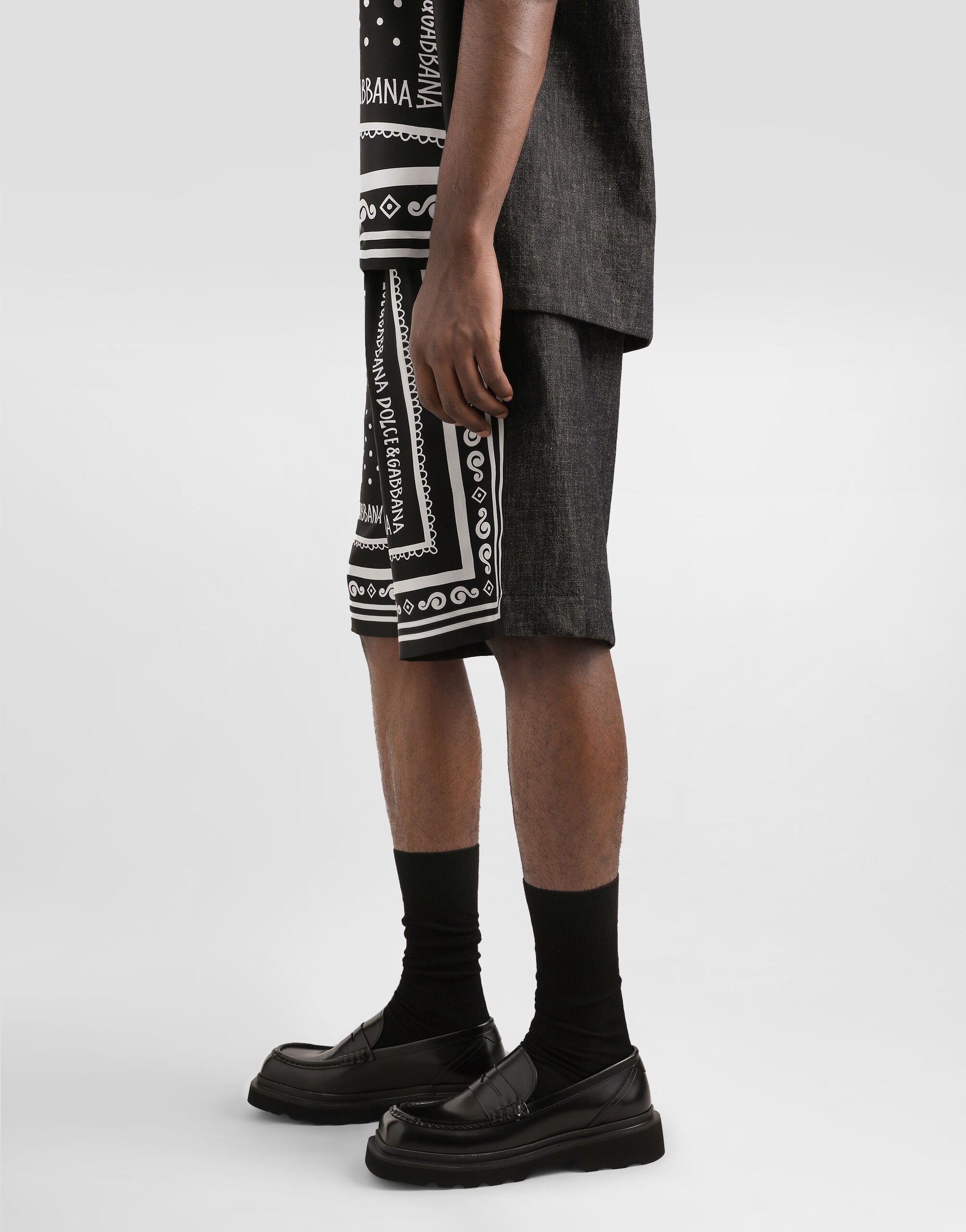 Dolce & Gabbana Printed Silk And Denim Shorts In Black