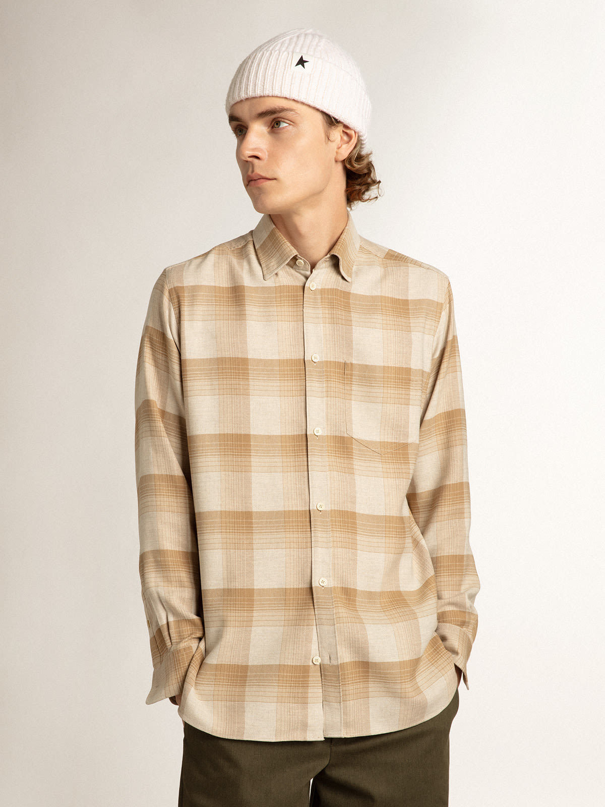 Golden Goose Check Pattern Shirt With Button-down Collar In Nude