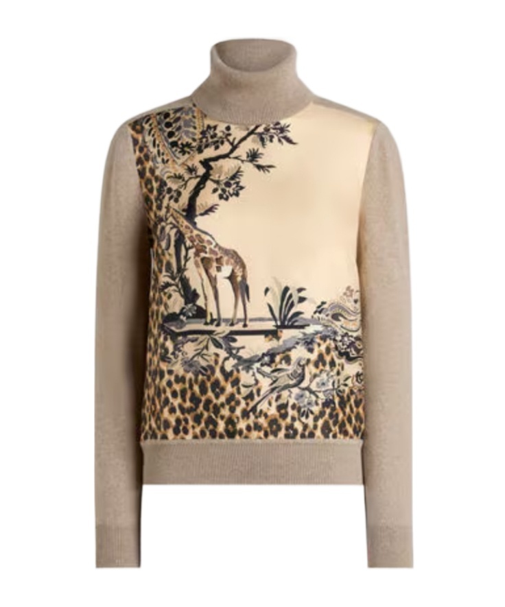 Etro Wool-blend Turtleneck Sweater With Placed Animal And Paisley Print In Light Brown