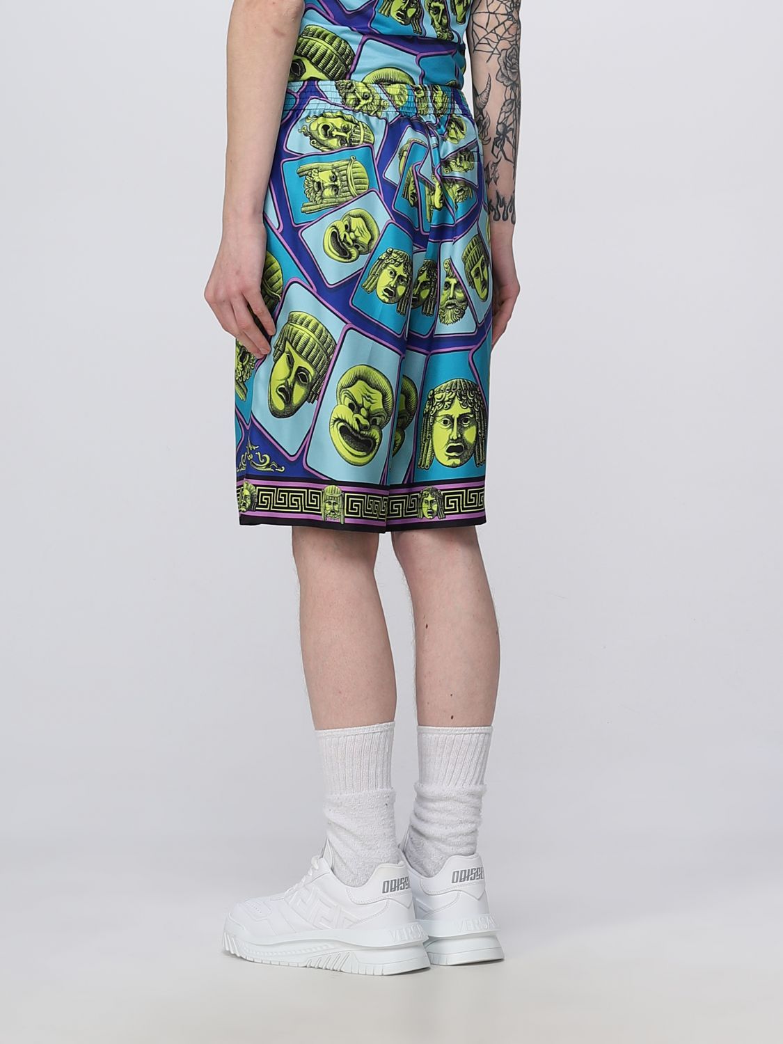 Versace Le Maschere Print Silk Shorts In Blue