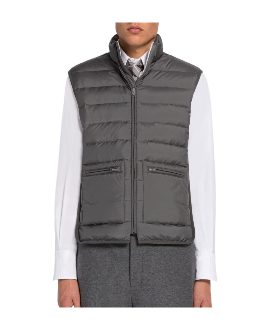 Thom Browne High Collar Padded Vest With Horizontal Quilting In Gray