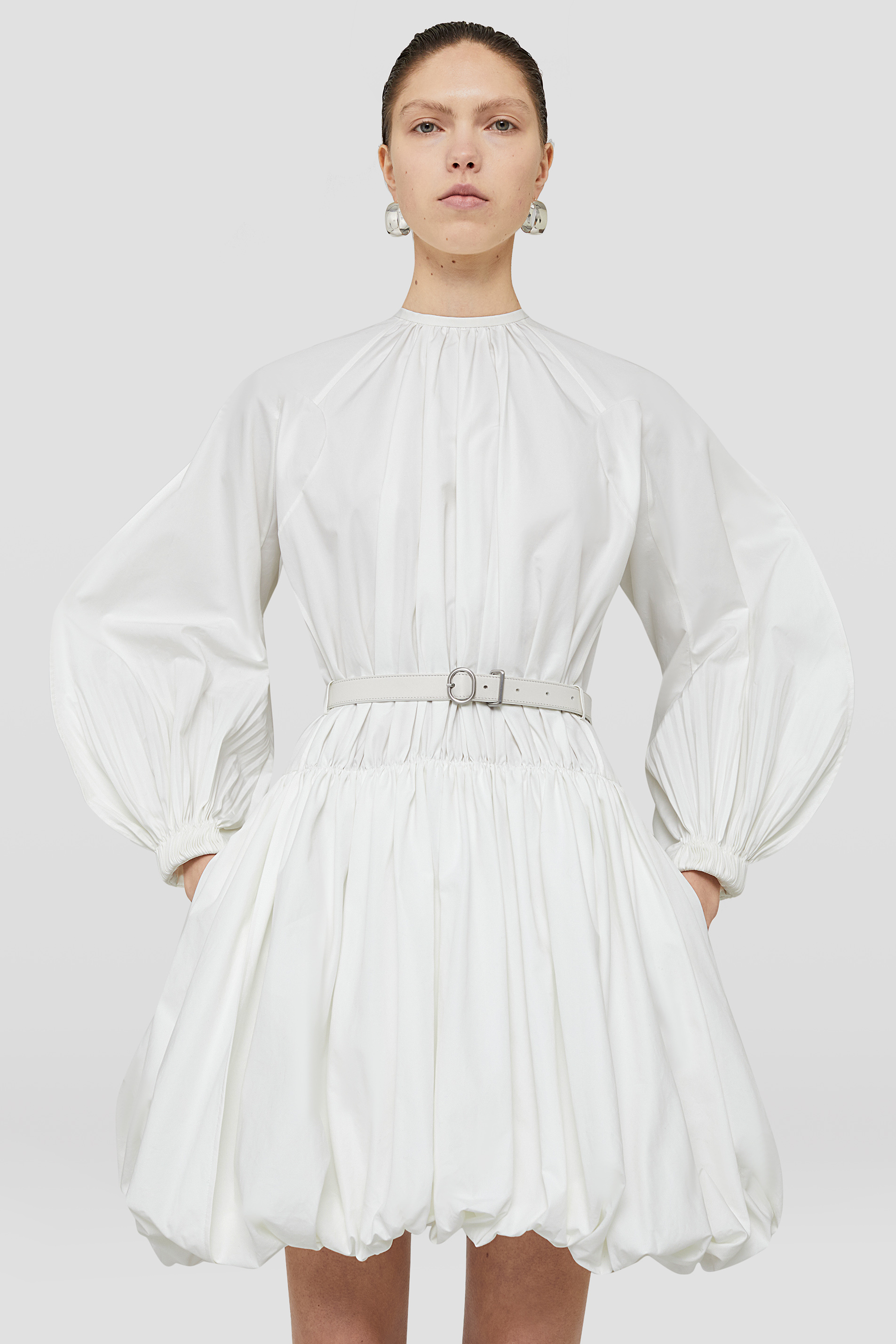 Jil Sander Puffball Belted Cotton Minidress In White