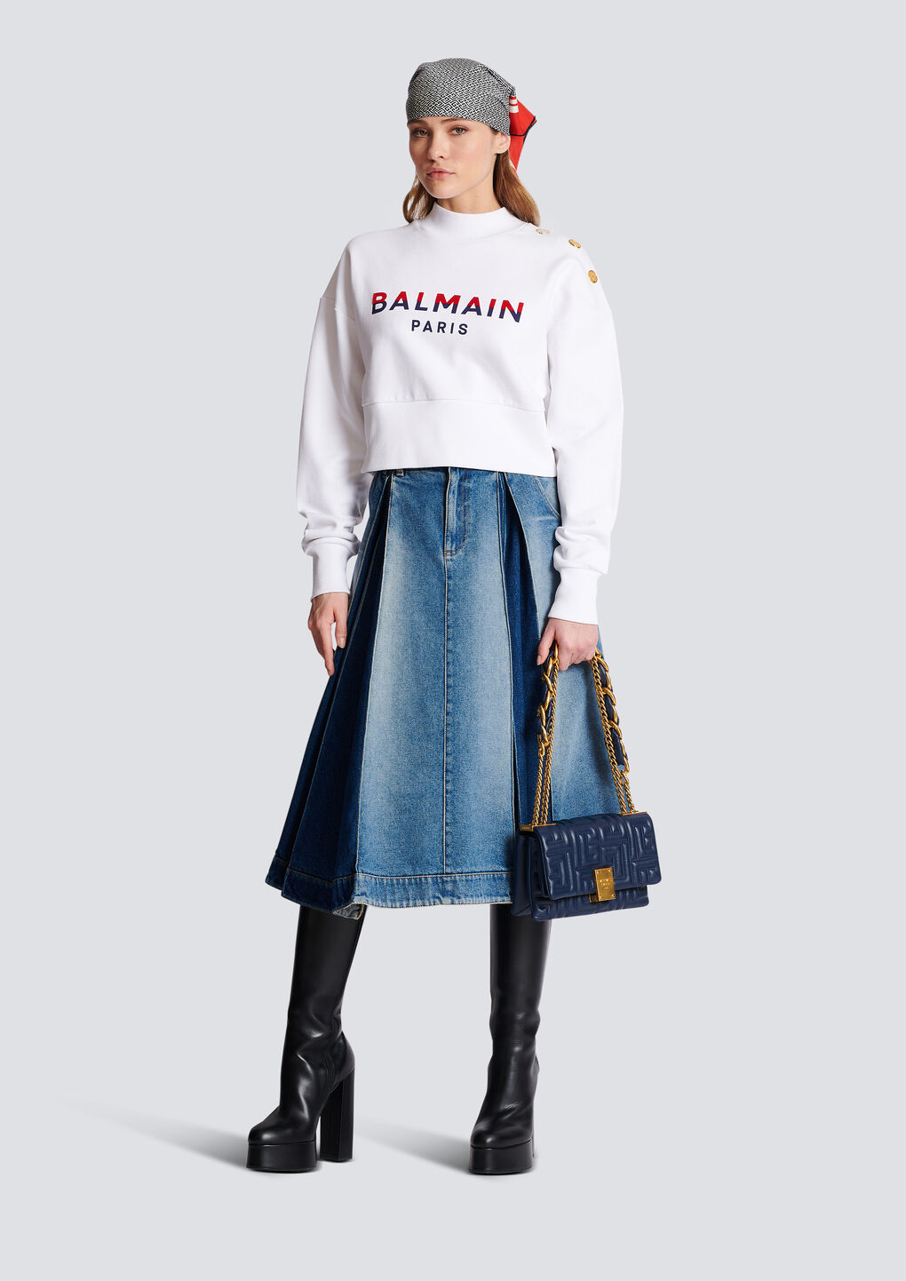 Balmain 3-button Flocked Logo-print Crop Sweatshirt In White