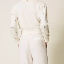 Twinset Cropped Cardigan With Fluffy Texture And Sparkling Embellishments In Neutral