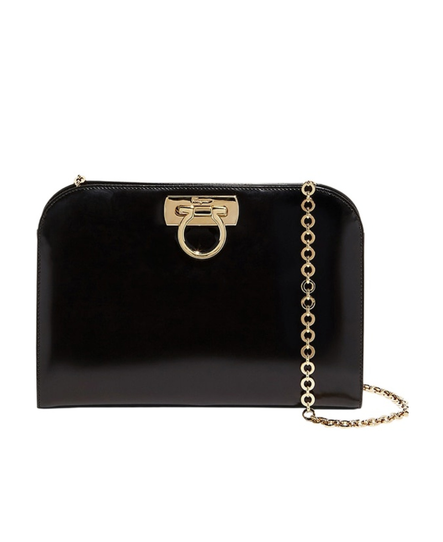 Shop Ferragamo Salvatore Logo Plaque Chain Linked Clutch In Black