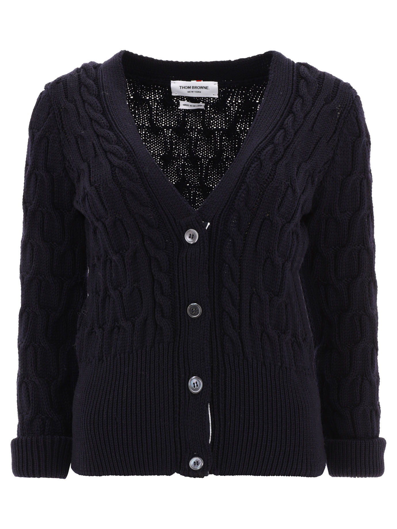 Thom Browne Cable Knit Wool Cardigan In Blue