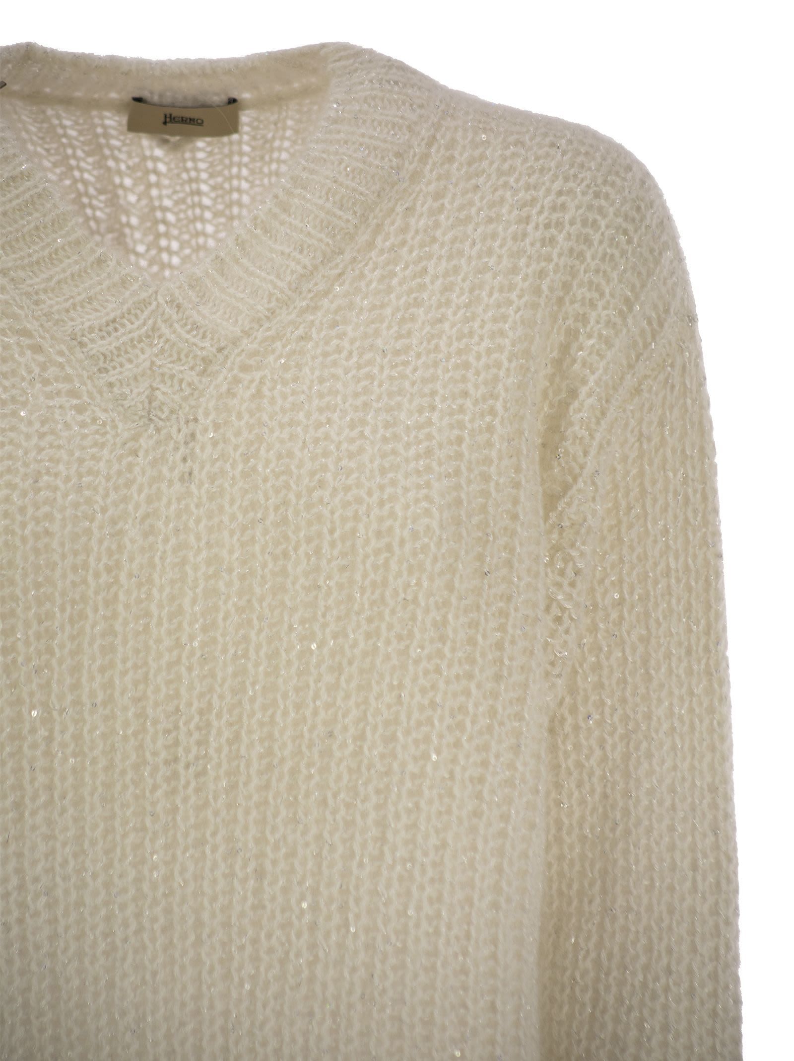 Herno V-neck Long-sleeved Sweater In White
