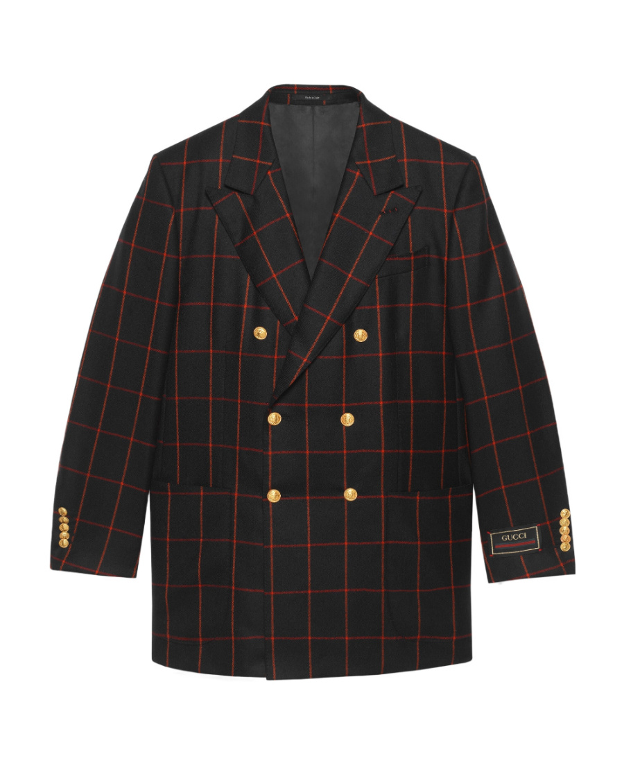 Gucci Men Double-breasted Check Blazer In Black