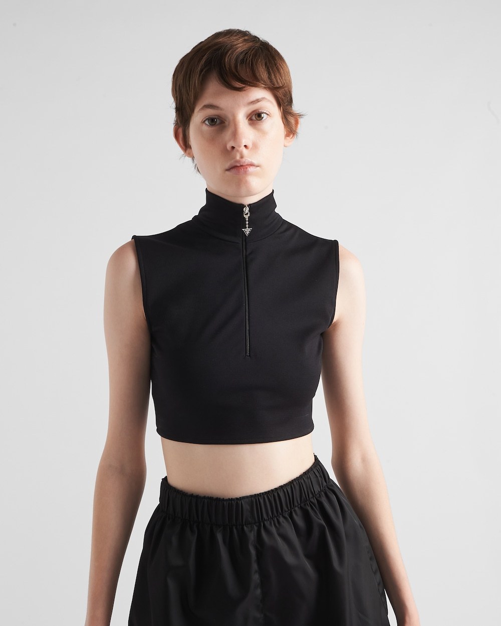 Prada Half Zip Sleeveless Crop Top In Black