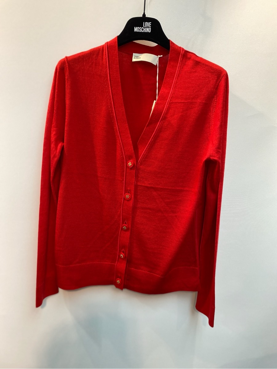 Tory Burch Wool V-neck Button Knitted Cardigan In Red