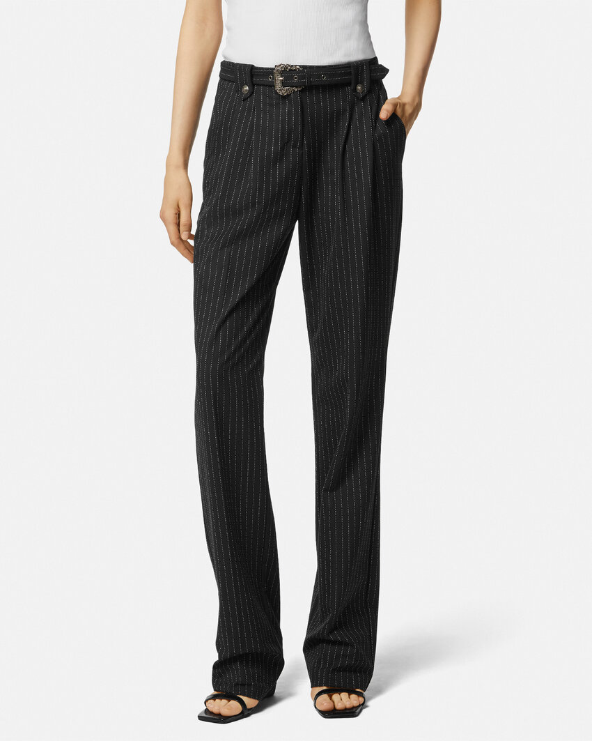 Versace Pinstriped Logo-engraved Straight Trousers In Black