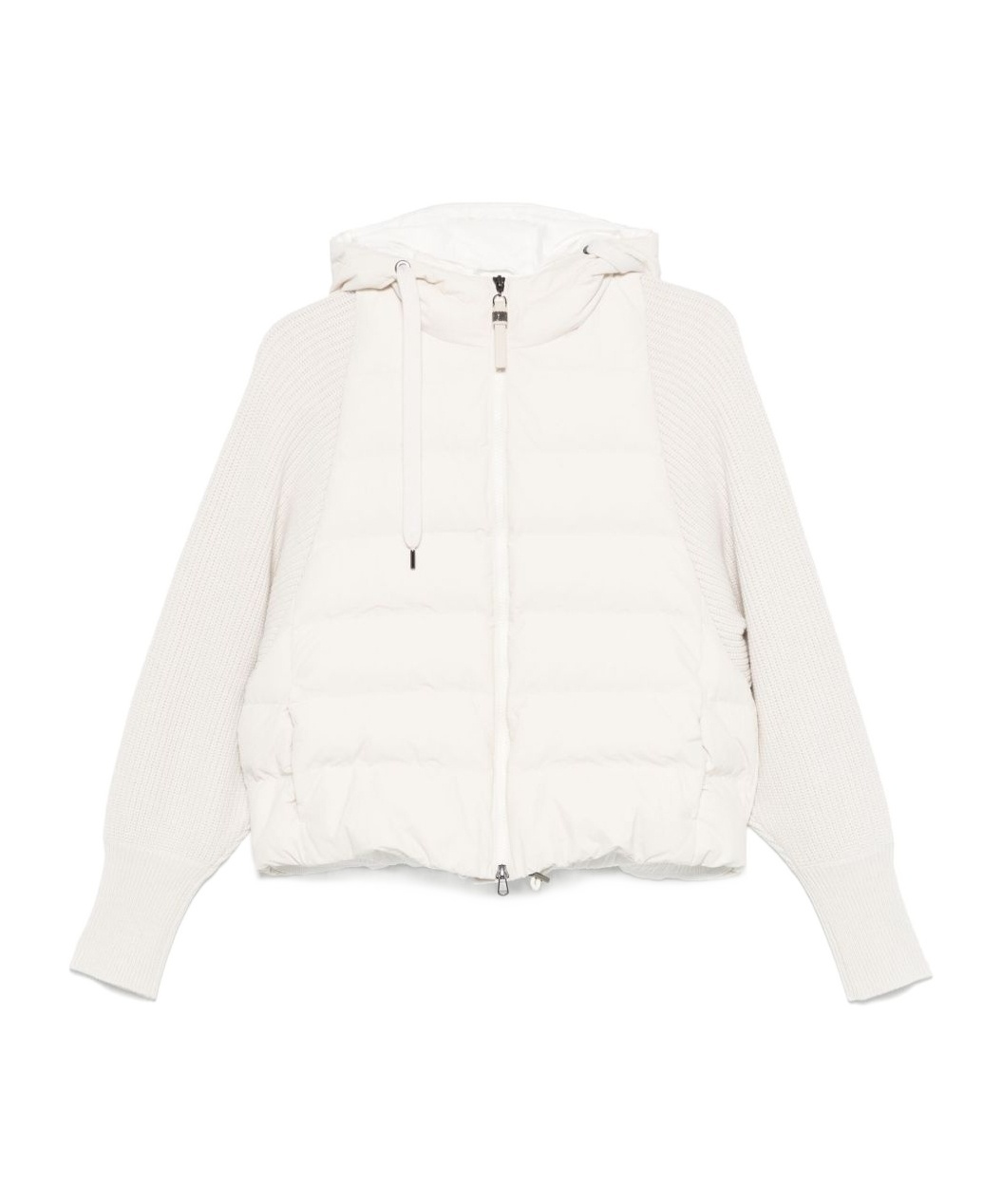 Brunello Cucinelli Cream-colored Short Down Jacket With Knitted Sleeves