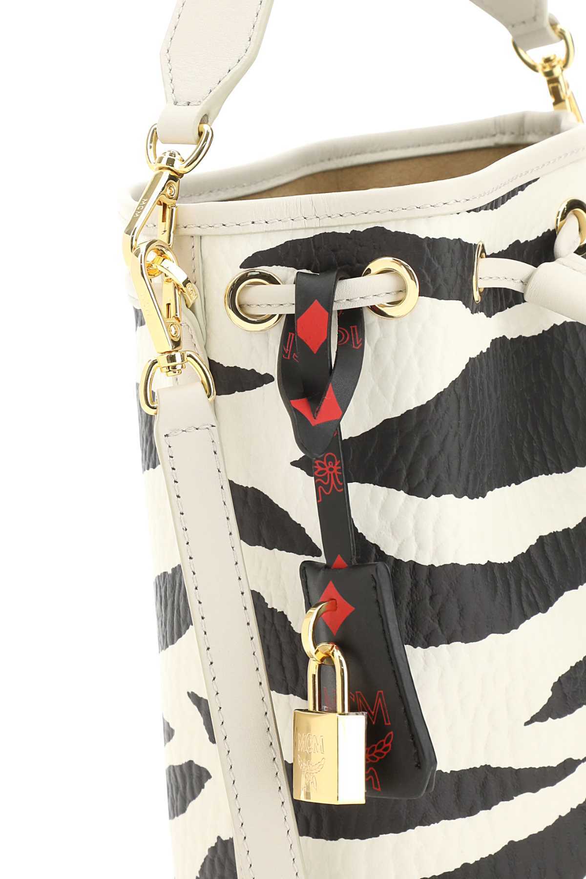 Mcm Zebra Printed Drawstring Tote Bag In White