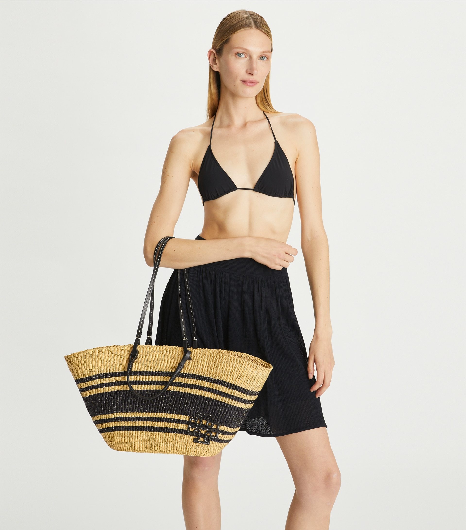 Tory Burch Ella Striped Raffia Tote Bag In Black