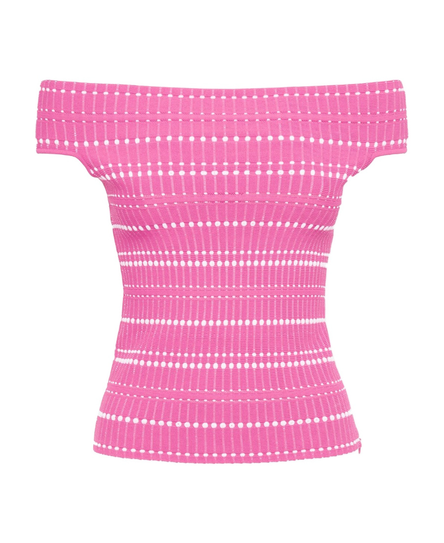 Alexander Mcqueen Open-knit Off-shoulder Top In Pink