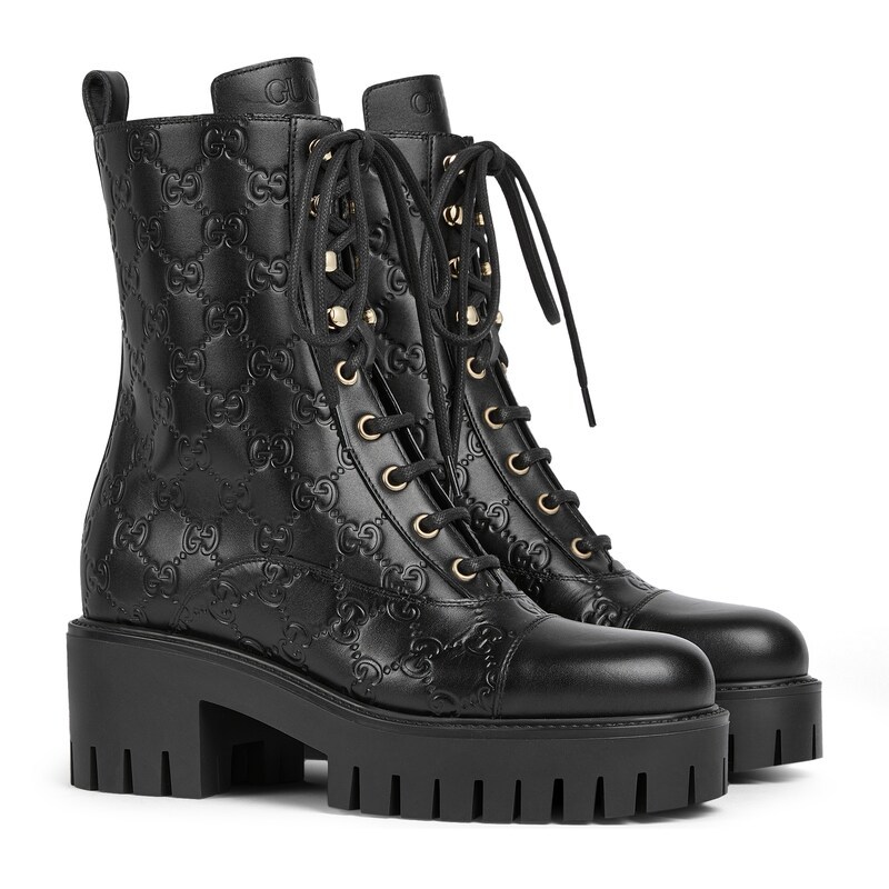 Gucci New Marmont Gg Interlock Leather Combat Boots In Black