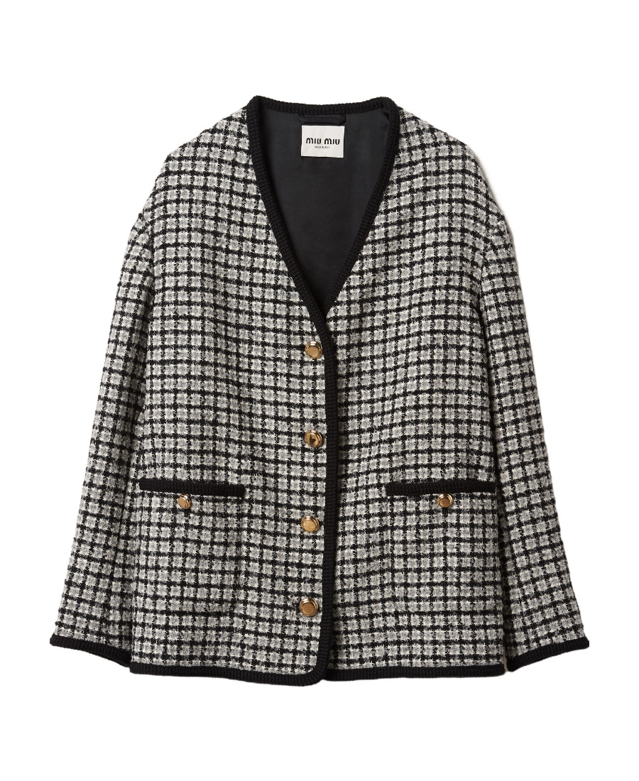 Miu Miu Checked Textured Cardigan In Gray