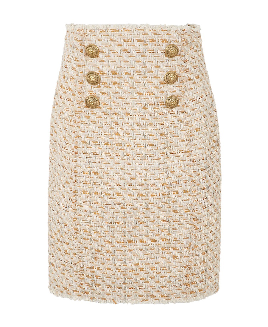 Balmain Beige Tweed Skirt With Front Golden Buttons In Cotton Blend Woman In Nude