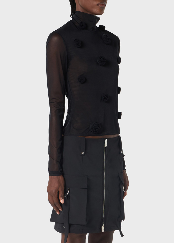 Shop Blumarine Floral-appliqué Long-sleeve Mesh Top In Black