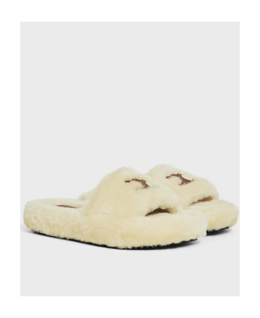 Celine Triomphe Wool Sheepskin Slippers In Nude