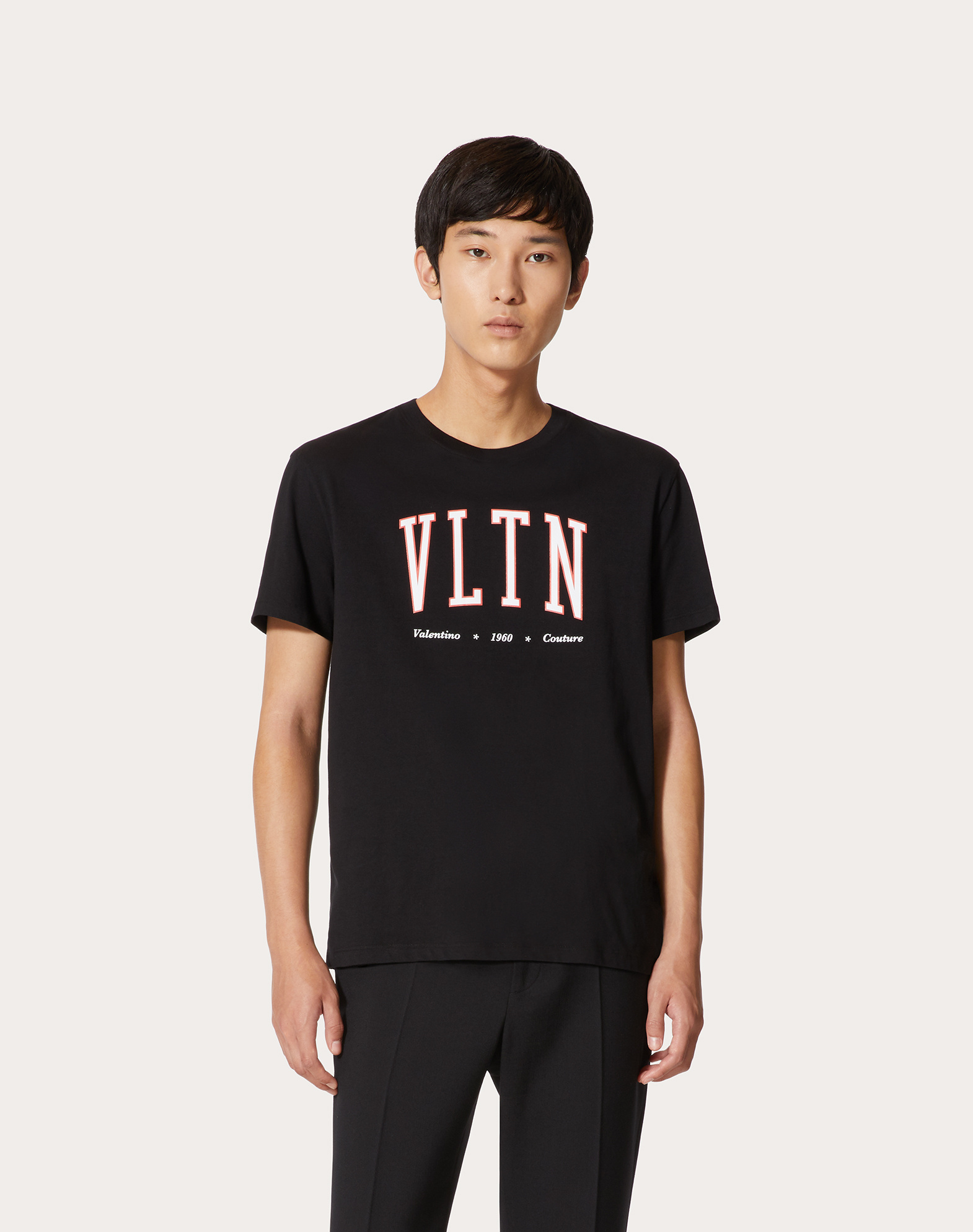 Valentino Cotton Crewneck T-shirt With Vltn Print In Black