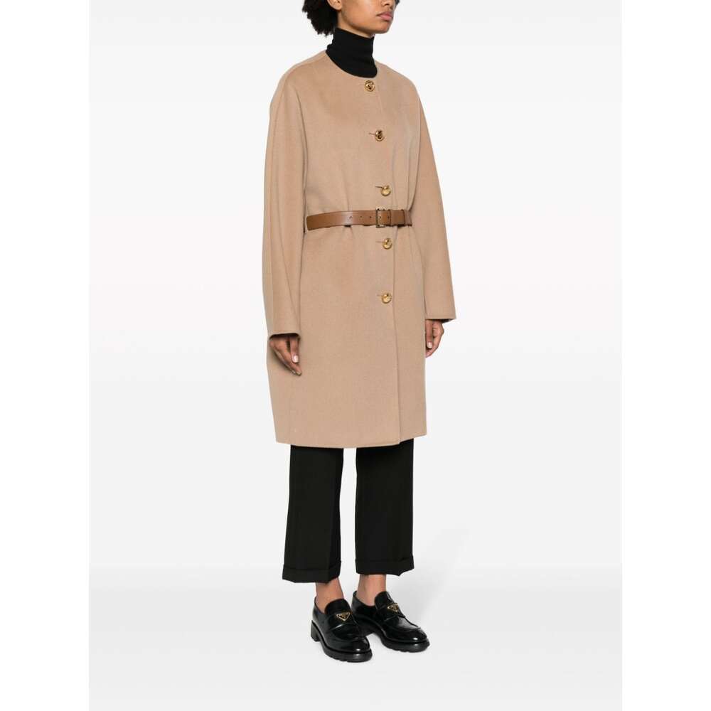 Prada Single-breasted Belted Coat In Neutral