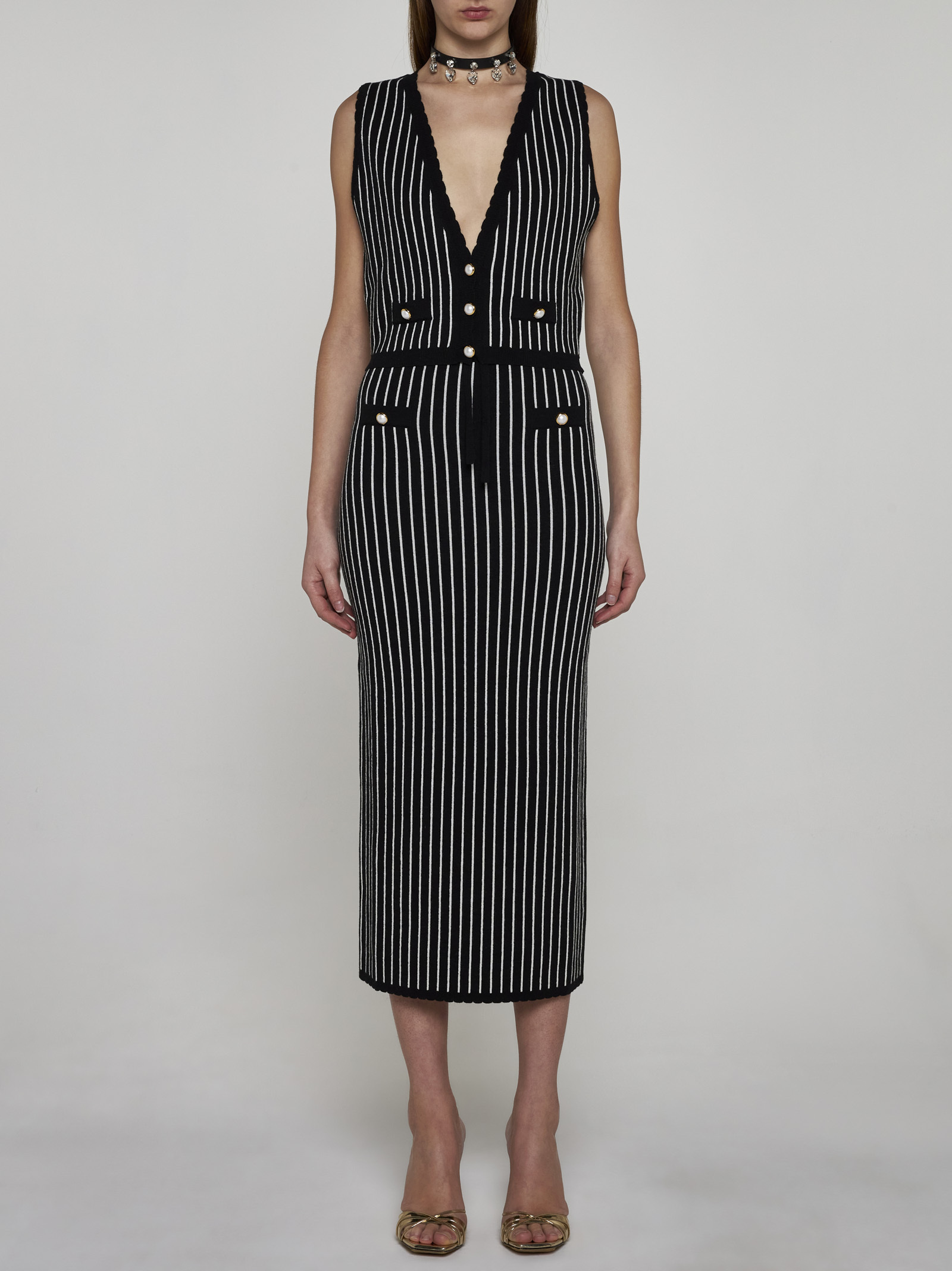Alessandra Rich Pinstripe Knitted Midi Skirt In Black