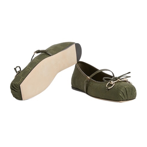 Gucci Canvas Gg Horsebit Ballerina Flats In Green