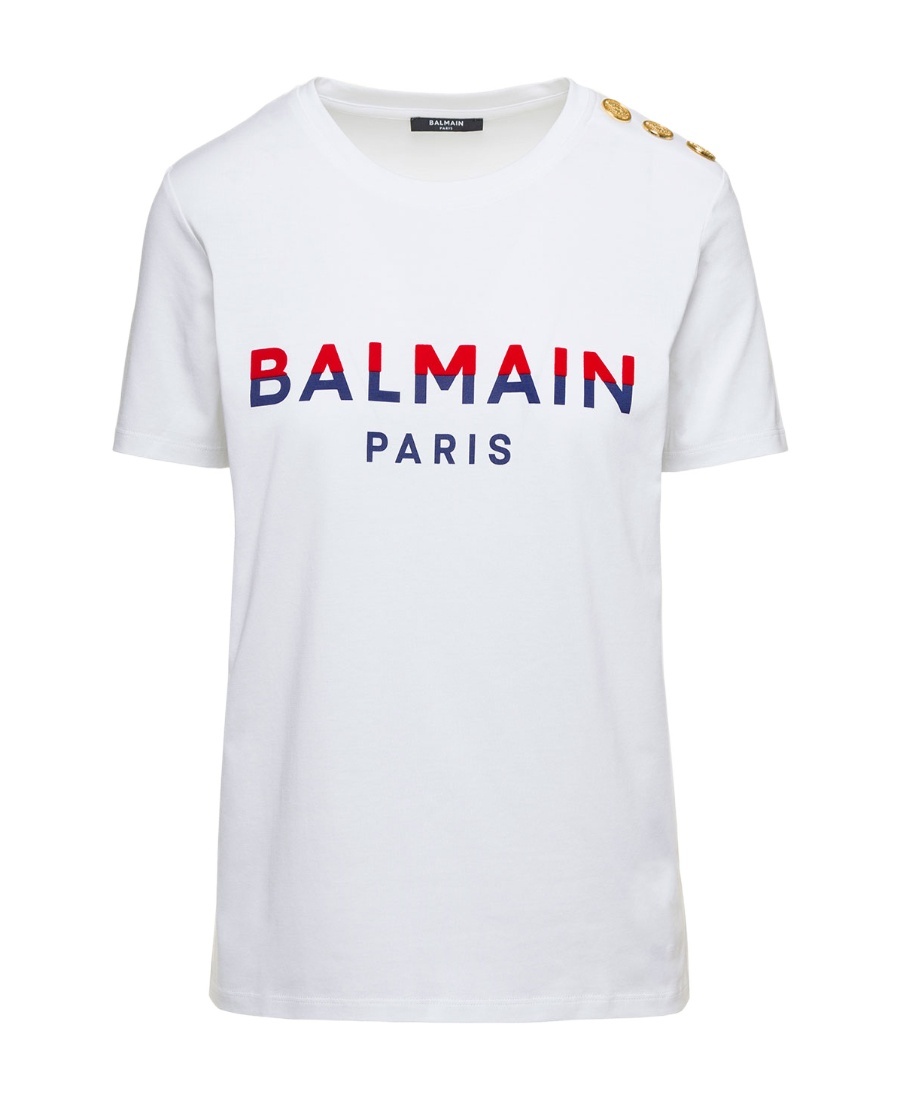 Balmain Button-embellished Logo-print T-shirt In White
