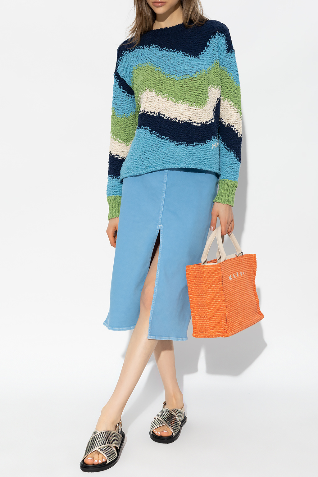 Marni Backless Wave-intarsia Cotton Sweater In Blue