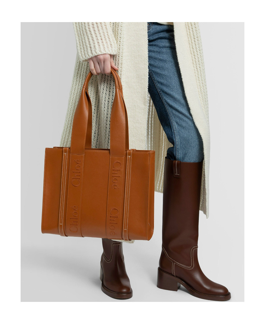 Chloé Woody Medium Embroidered Leather Tote In Brown