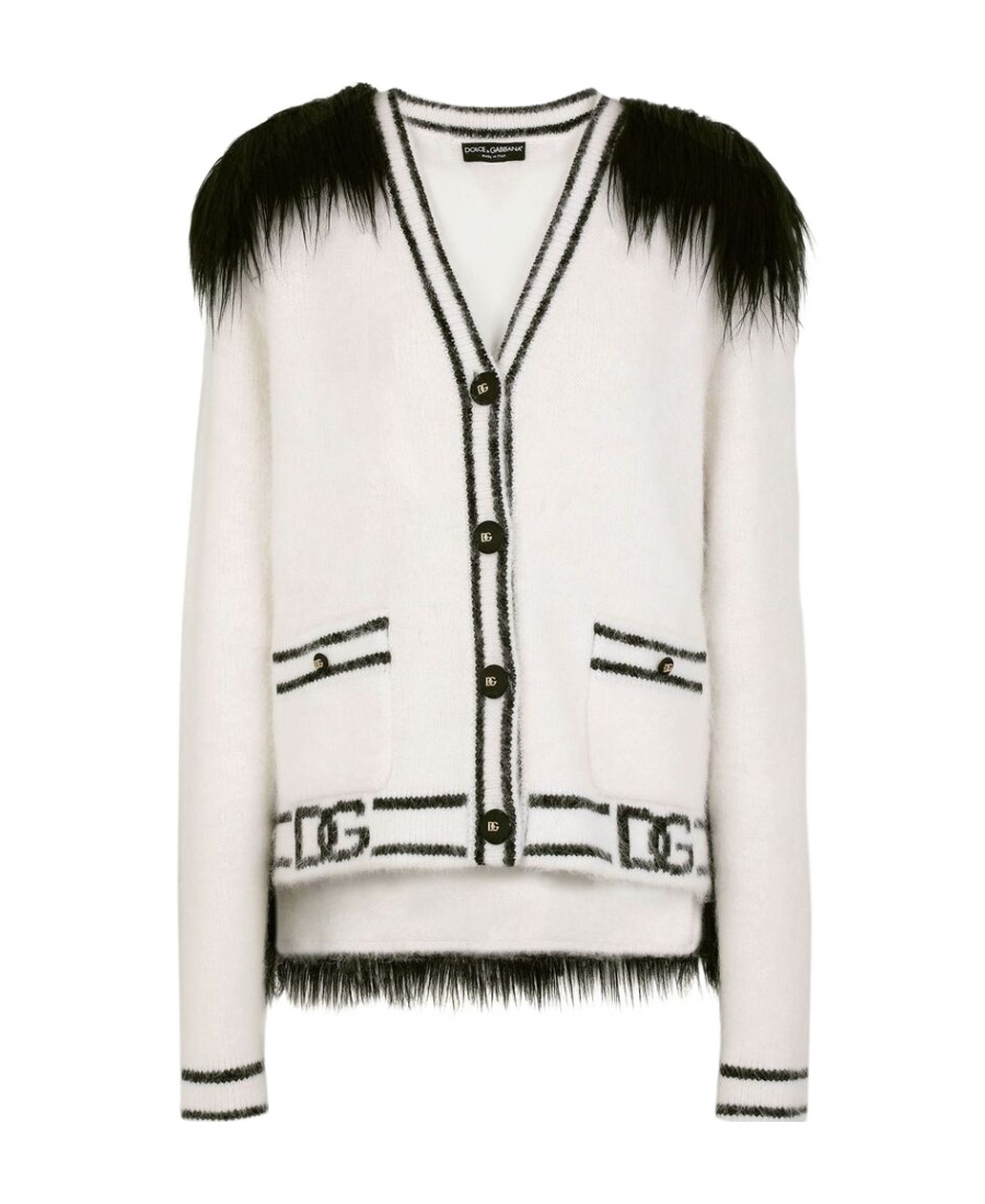 Dolce & Gabbana Logo Striped Trim Cardigan W/ Faux-fur Back In White