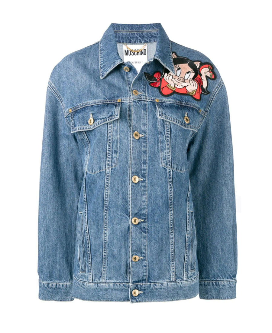 Moschino Porky Pig Embroidered Patch Denim Jacket In Blue