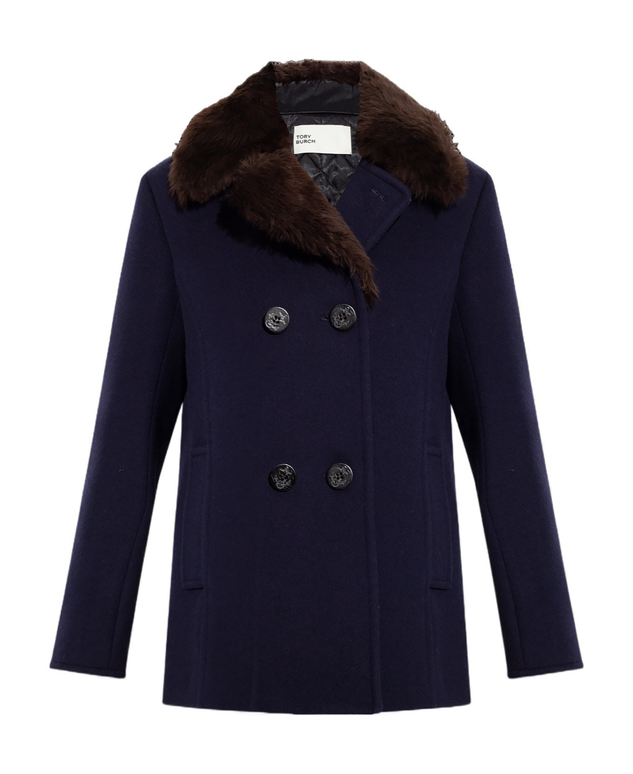Tory Burch Notched-lapels Shearling Jacket In Blue