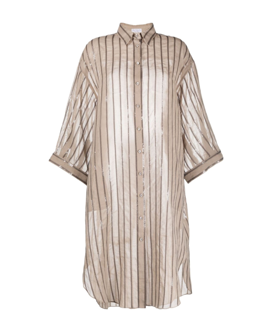 Brunello Cucinelli Sequin-embellished Striped Cotton Shirtdress In Brown
