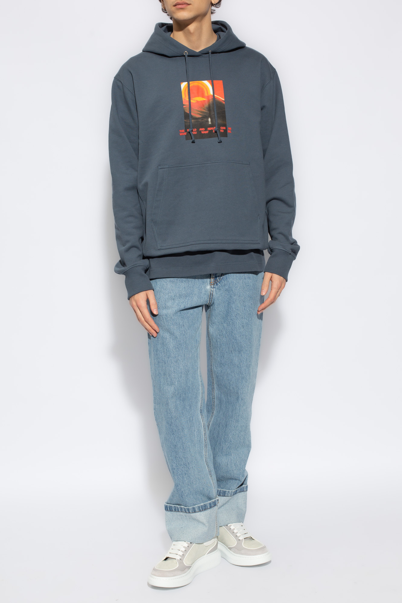 Helmut Lang Graphic-print Cotton Hoodie In Blue