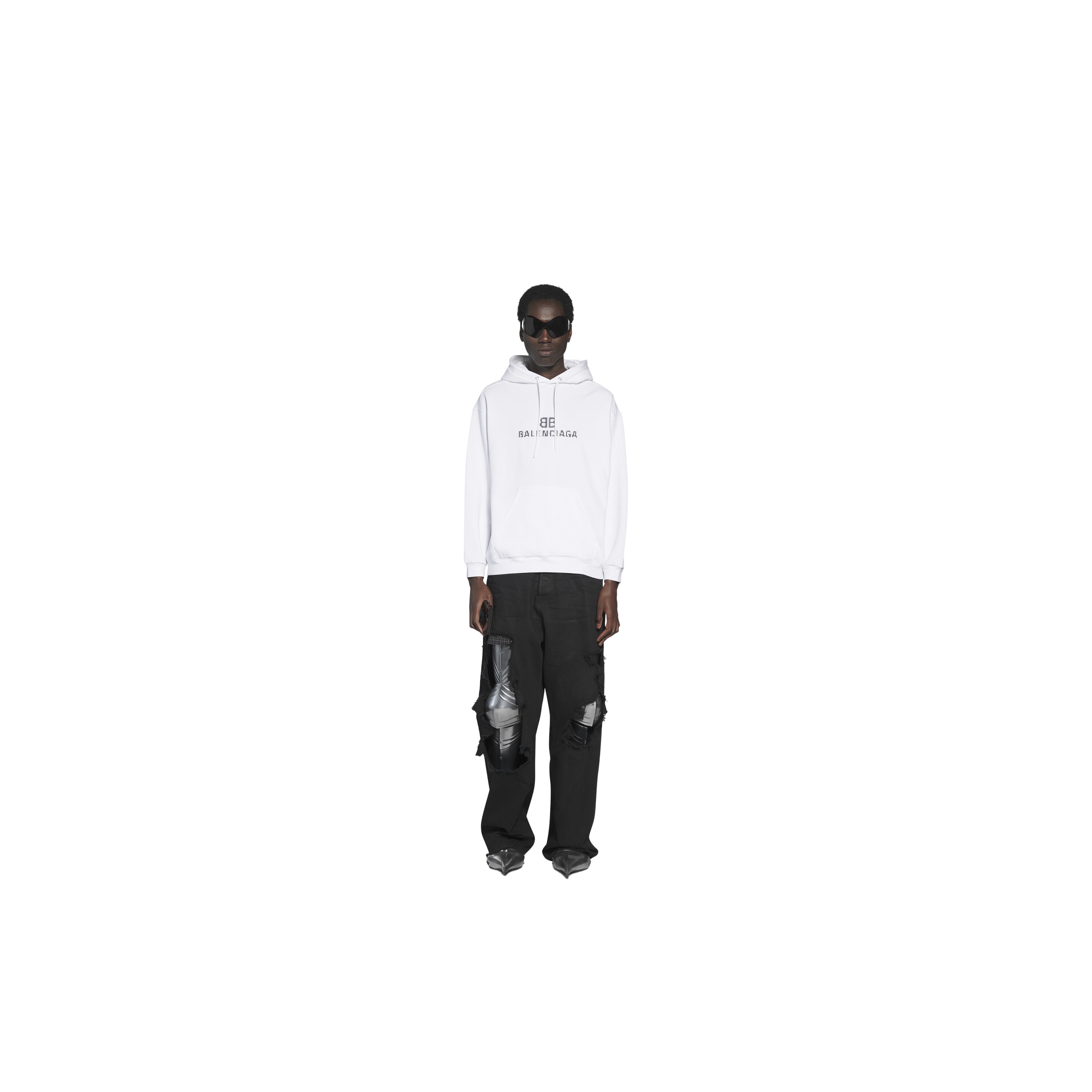 Balenciaga Pixel Logo-print Drawstring Hoodie In White