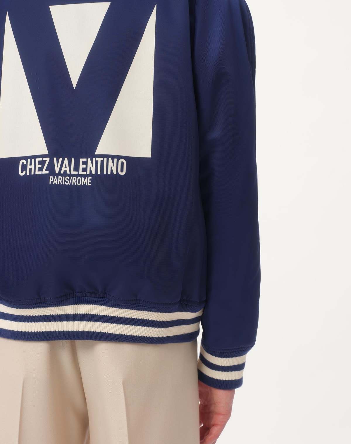 Valentino Blue Bomber Jacket In Printed Polyamide With Zip And High Collar In Blue