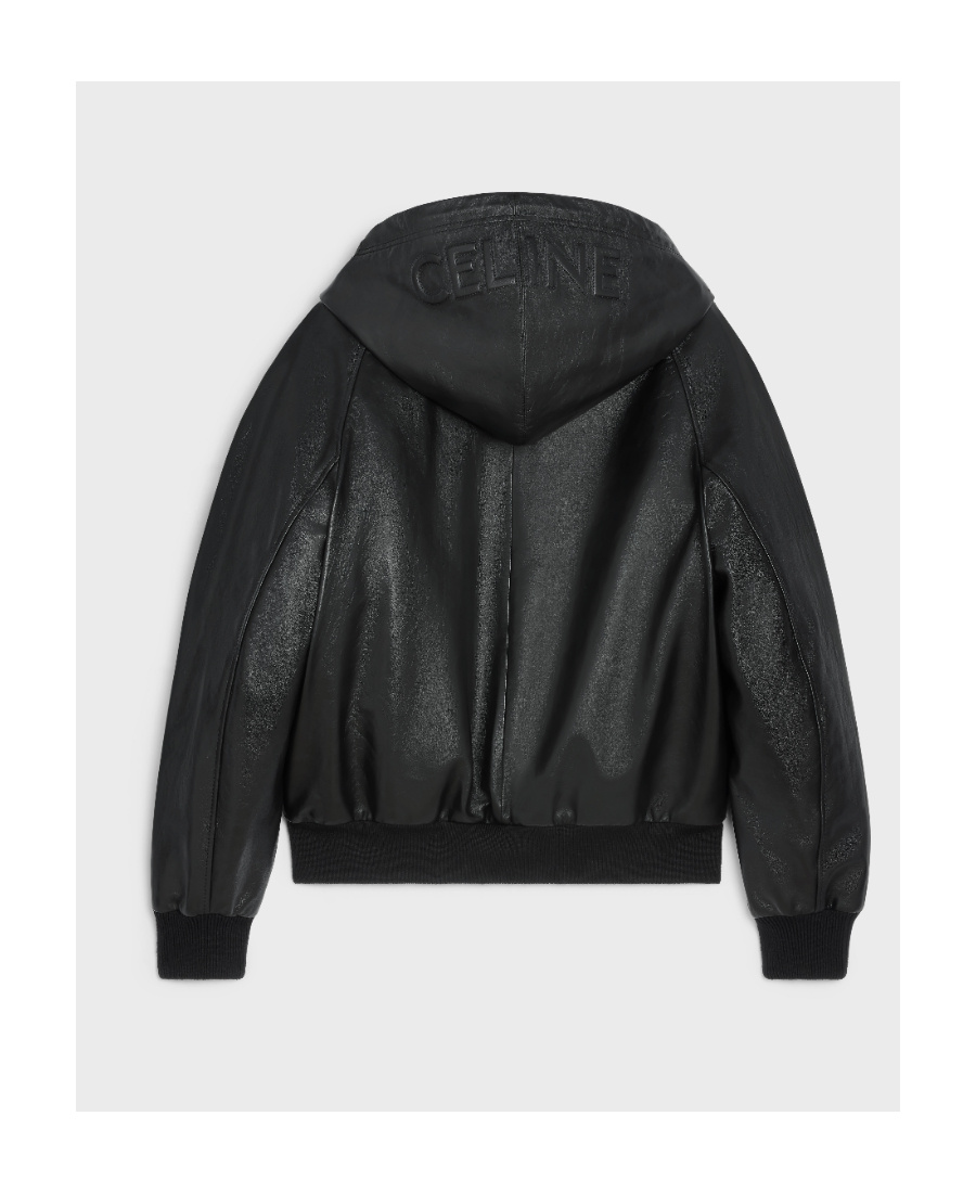 Celine Logo-embossed Full-grain Leather Hooded Bomber Jacket In Black
