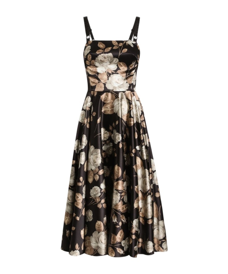 Dolce & Gabbana Vintage Rose Print Satin Dress In Black