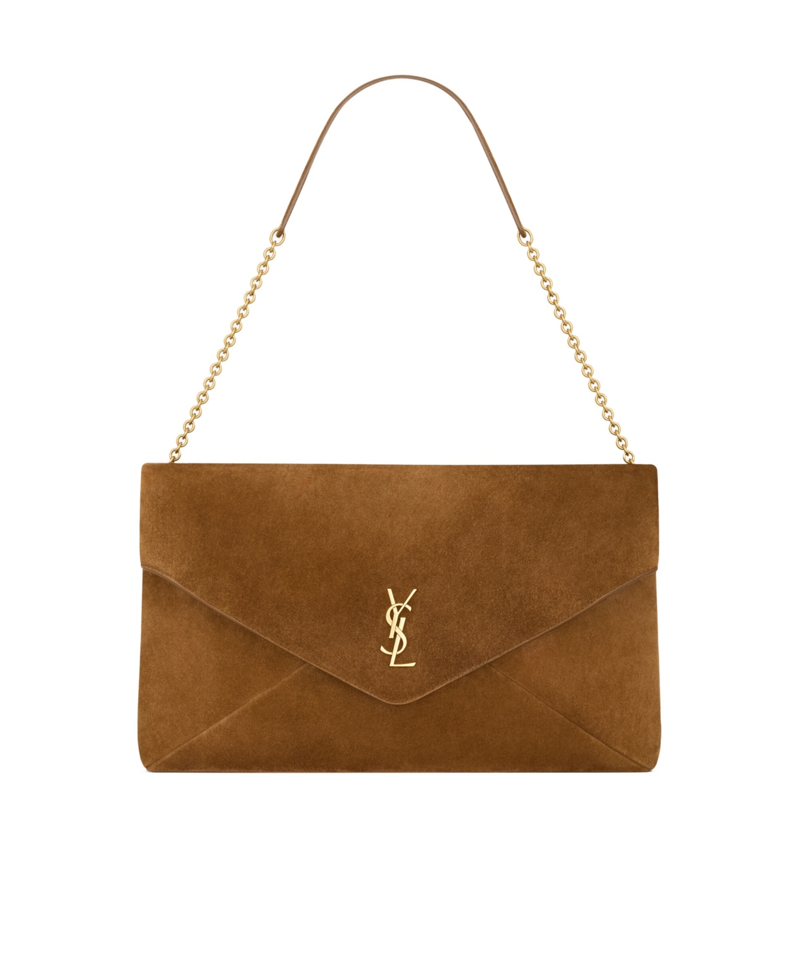 Saint Laurent Cassandre Xxl Pouch On Chain In Suede In Brown