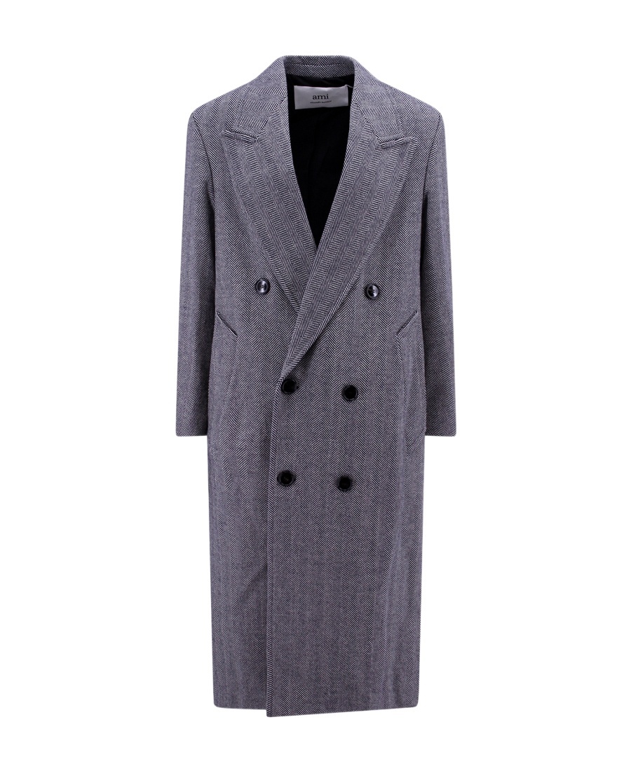 Ami Alexandre Mattiussi Ami Virgin Wool Coat With Herringbone Motif In Gray