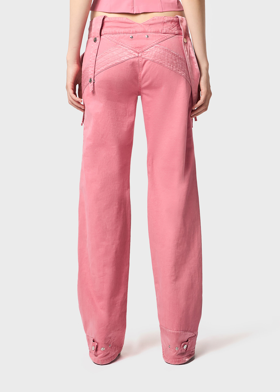Blumarine Cotton Denim Cargo Flared Pants W/zips In Pink