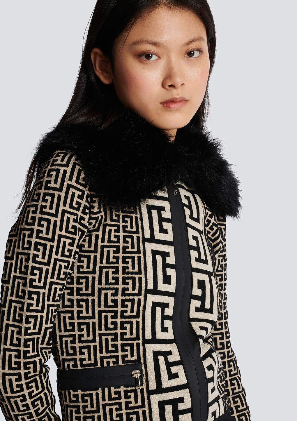 Balmain Monogrammed Knit Jacket With Faux Fur In Black