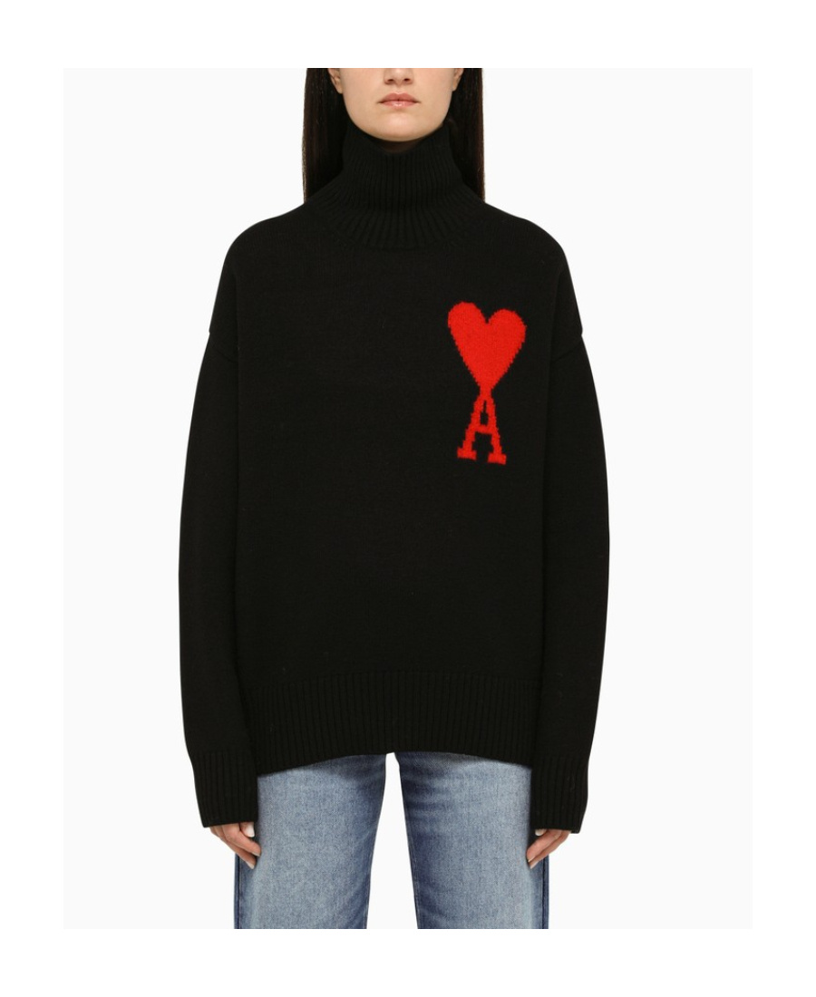 Ami Alexandre Mattiussi Ami Paris Funnel-neck Sweater With Heart Intarsia Design In Black