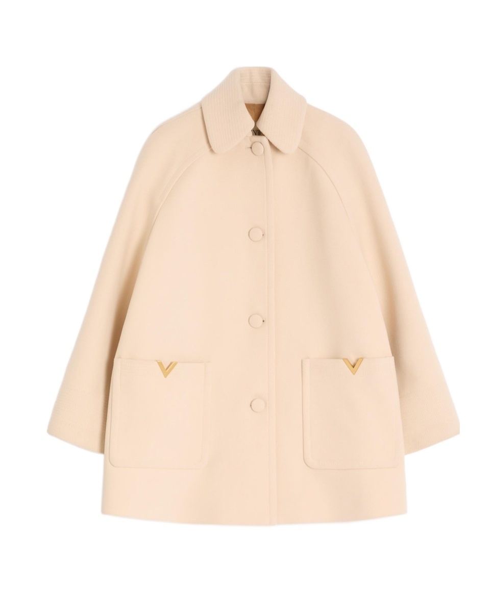 Valentino Wool Coat With Rounded Collar And Pockets In Neutral