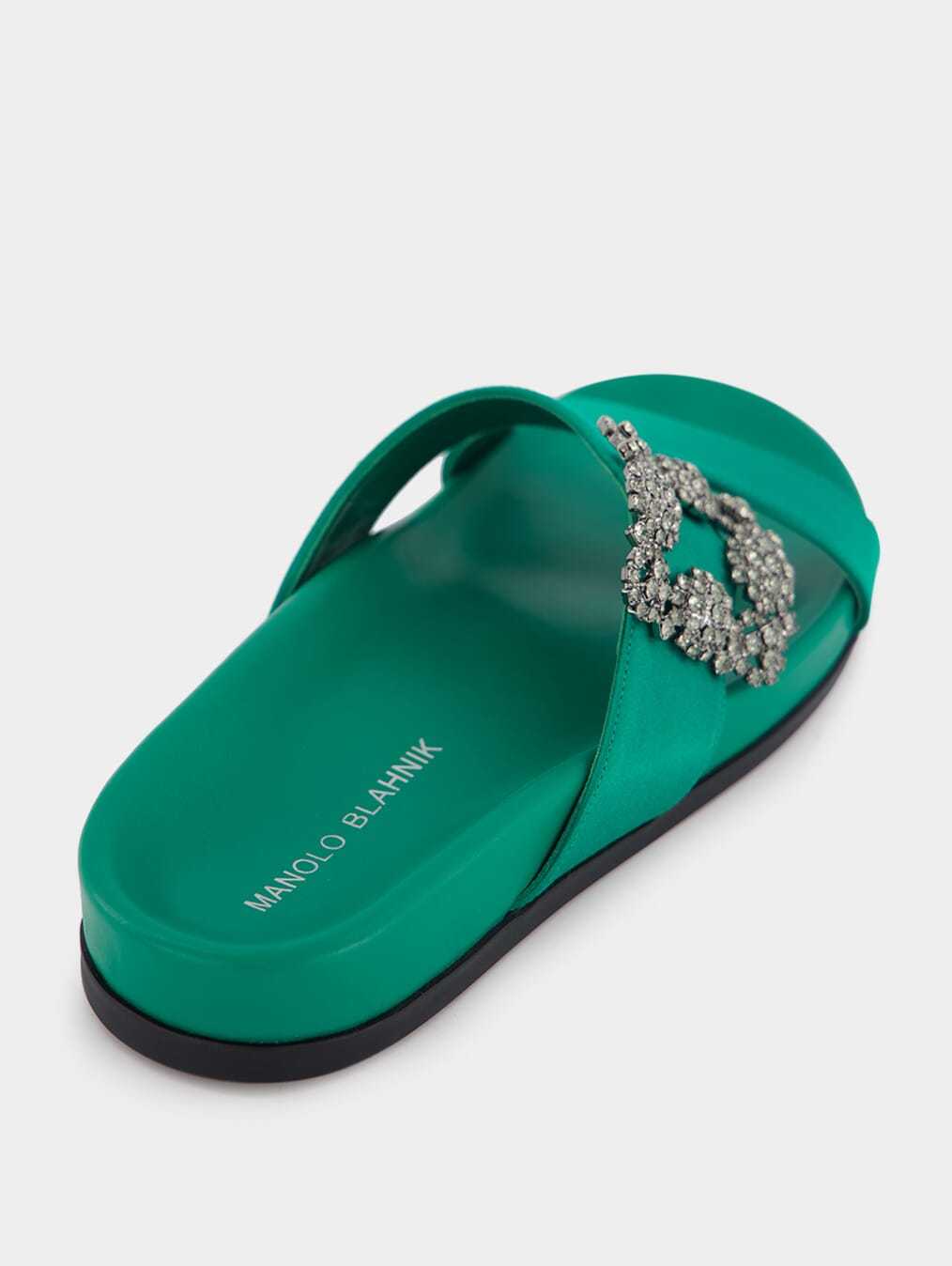 Manolo Blahnik Chilanghi Crystal Buckle Slide Sandals In Green