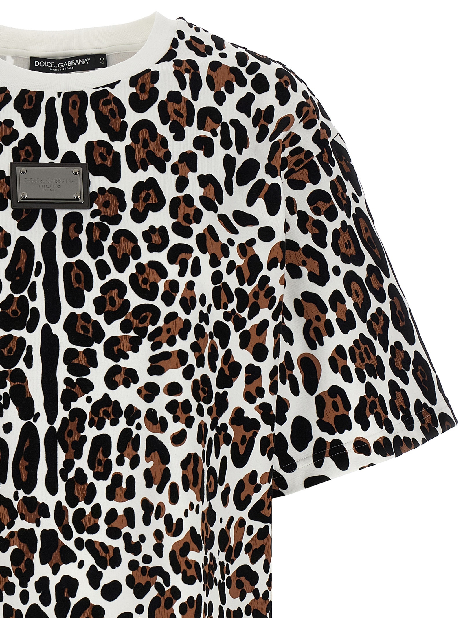 Dolce & Gabbana Crew Neck Flocked Cotton T-shirt With Animal Motif In Black