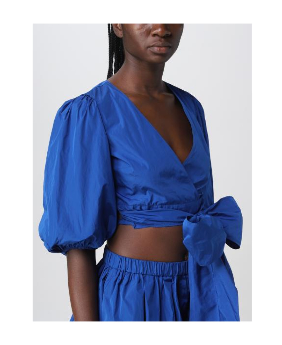 Red Valentino Taffeta Top With Puff Sleeves And Bow Detail In Blue